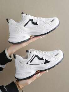 Women's Spring/Autumn New Sports Chunky Sneakers, Mesh Breathable Platform Low Vamp Wedge Heel Casual Shoes, Lightweight Versatile Fashion Casual Lace-Up White Grey Sneakers, White Blue - Black - View 4