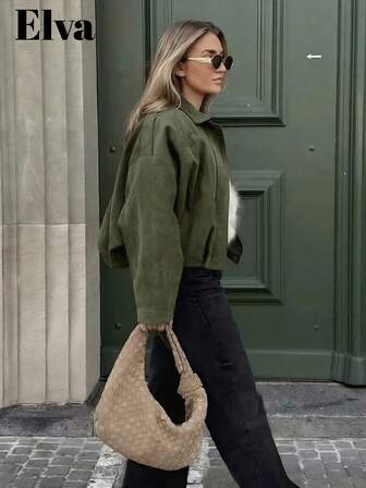 QIANZHIDU ELVA 宽松绿色夹克，休闲办公装，女士秋季外套