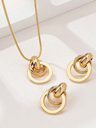 1 套时尚几何圆形金属项链和耳环首饰套装，适合送给女朋友或好朋友的礼物