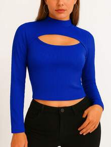 Top corto elegante de punto acanalado para mujer, cuello alto, manga larga, tejido ligeramente elástico para un estilo informal. - azul real - Ver 1