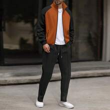 1 套男士时尚拼色插肩袖高领夹克外套 + 裤子轻便 2 件套服装，适合春秋季节 - 摩卡棕 - 查看 7