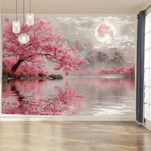 1 件迷人粉色樱花树湖景背景 - 涤纶面料，适用于客厅、卧室、办公室装饰和派对