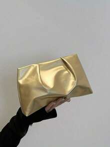 新款春夏时尚纯色手拿包、褶皱云朵包、纯色休闲信封包、化妆包、旅行配件包、洗漱包、收纳袋 - 金色 - 查看 5