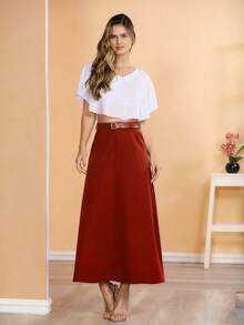 We Store Long Monochromatic Tailored Skirt With Black Belt/Button Details/Casual/Look/Everyday/Summer/Elegant/Casual/Stylish/Collection 2024 - 銅色 - 查看 5
