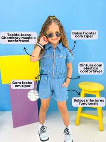 Kit 2 Kids Jumpsuit Girl Blogger Dungarees Youth Jeans Shorts Zipper Casual Fashion - 藍色 - 查看 3