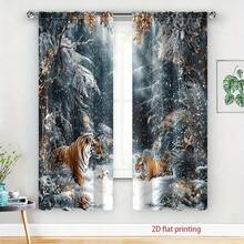 2 Stücke Tiger im Winter Wunder Vorhänge - Zedernwald Szenerie, goldene Dekoration, halbtransparente Polyester Vorhänge, Gardinenband Design, einfach aufzuhängen, Thanksgiving und ganzjährige Heimdekoration, geeignet für Wohnzimmer, Schlafzimmer, Büro, Küche, Esszimmer, Badezimmer, Arbeitszimmer, halbtransparente Vorhänge, Schlafzimmer Privatsphäre, klassischer Vorhangstil, strapazierfähiger Stoff