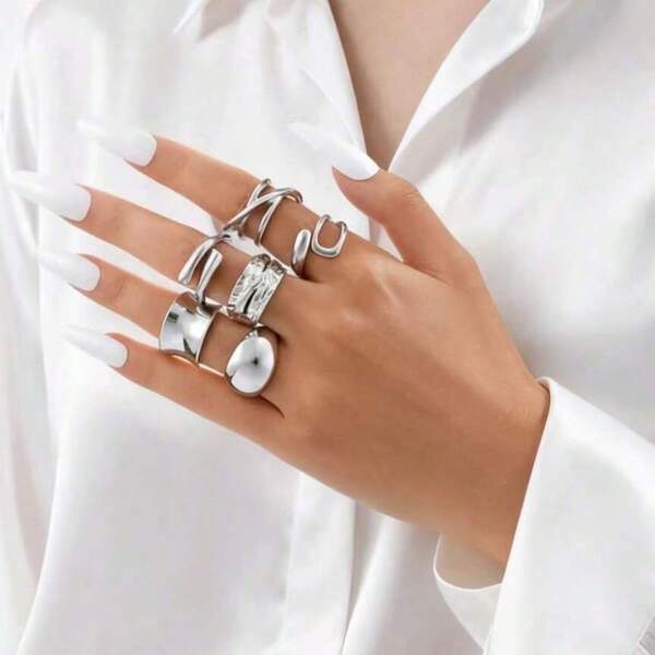 مجموعة من 6 خواتم مفتوحة منحنية غير متماثلة بسيطة للنساء، مثالية للعطلات والمواعيد والهدايا والاستخدام اليومي