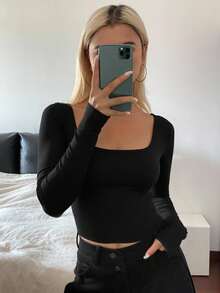 Livesso Women's Solid Color Large Round Neck Slim Fit T-Shirt,Fall Clothes Long Sleeve Women Tops Crop Top - Black - View 5
