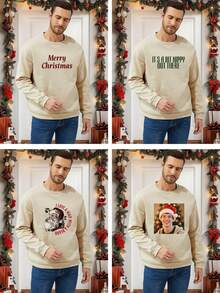 Customized Men's Sweatshirt, Suitable For Autumn/Winter, Personalized With Your Text In Flocked Print, Upload Your Own Photo (Partner, Pet, Group) To Design Your Unique Printed Sweatshirt, Ideal For Couples, Pranks, Surprise Gifts, Company Team Building, Christmas Party, Photo & Text Printed Sweatshirt For Boyfriend, Family, Friends, Birthday, Holiday Gifts, Valentine's Day, Anniversary, Customized Gift