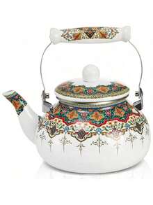 Ceramic Enamel Tea Kettle, 2.6 Quart Large Floral Colorful Teapot With Handle Stovetop, Retro Hot Tea Kettle Pot, No Whistling - Enamel White - View 1
