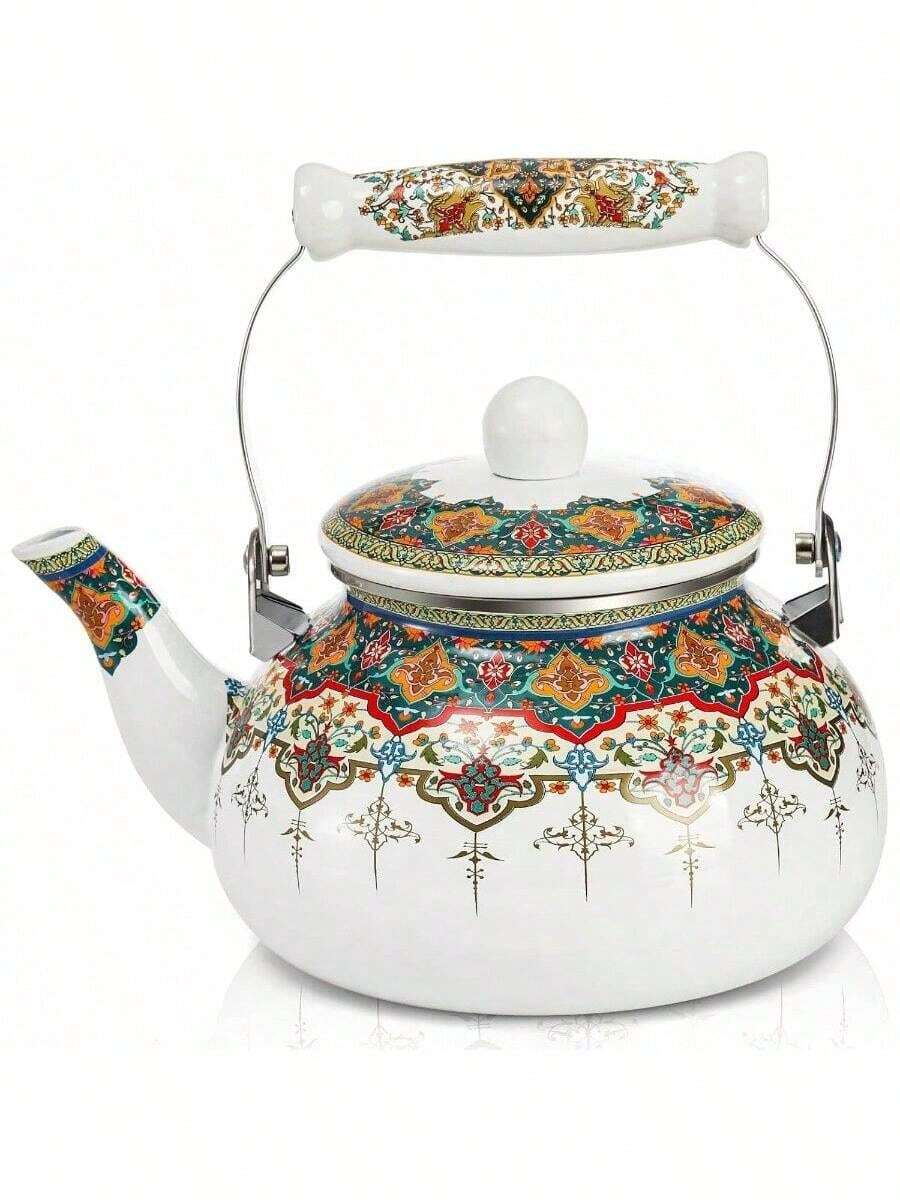 Ceramic Enamel Tea Kettle, 2.6 Quart Large Floral Colorful Teapot With Handle Stovetop, Retro Hot Tea Kettle Pot, No Whistling - Enamel White - View 1