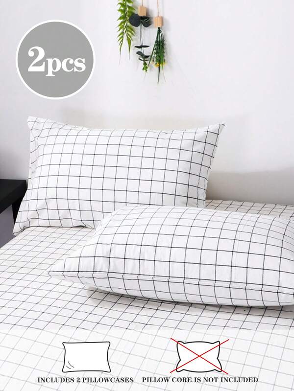 2pcs,Black And White Check, Boys, Dormitory,Solid Color Japanese Simple Solid Color, Super Soft, Breathable, Four Seasons, Simple Fashion, Leisure And Daily Life, Boys' Dormitory For Four Seasons, Pillowcase, Excluding Pillow Core, Bedding, Hotel, Household Items, Japanese SizeTwinFullQueenKing.