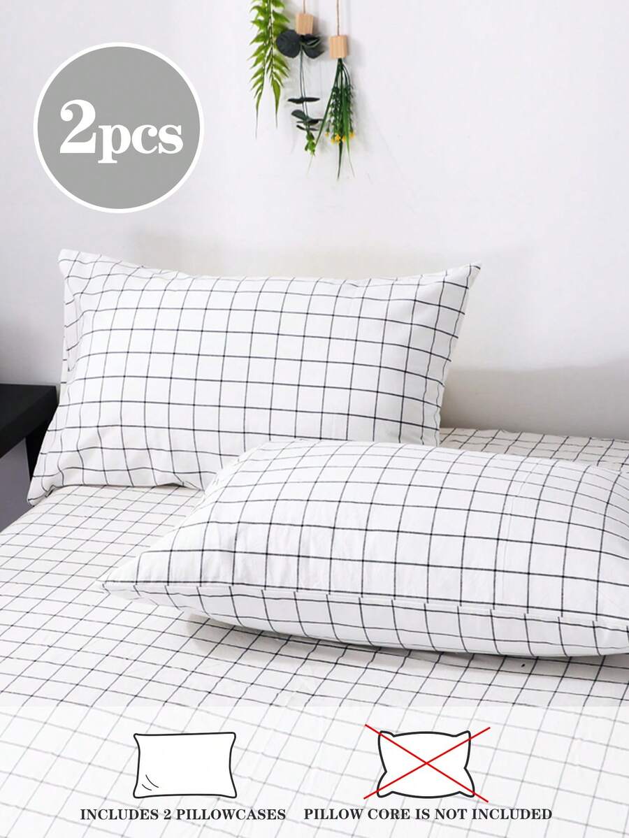 2pcs,Black And White Check, Boys, Dormitory,Solid Color Japanese Simple Solid Color, Super Soft, Breathable, Four Seasons, Simple Fashion, Leisure And Daily Life, Boys' Dormitory For Four Seasons, Pillowcase, Excluding Pillow Core, Bedding, Hotel, Household Items, Japanese SizeTwinFullQueenKing.