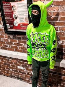 Y2K Gothic Harajuku Street Hip Hop Hoodie For Men Devil Horn Hooded Sweatshirt Punk Goth Aesthetic Grunge Pullover - Green - View 2