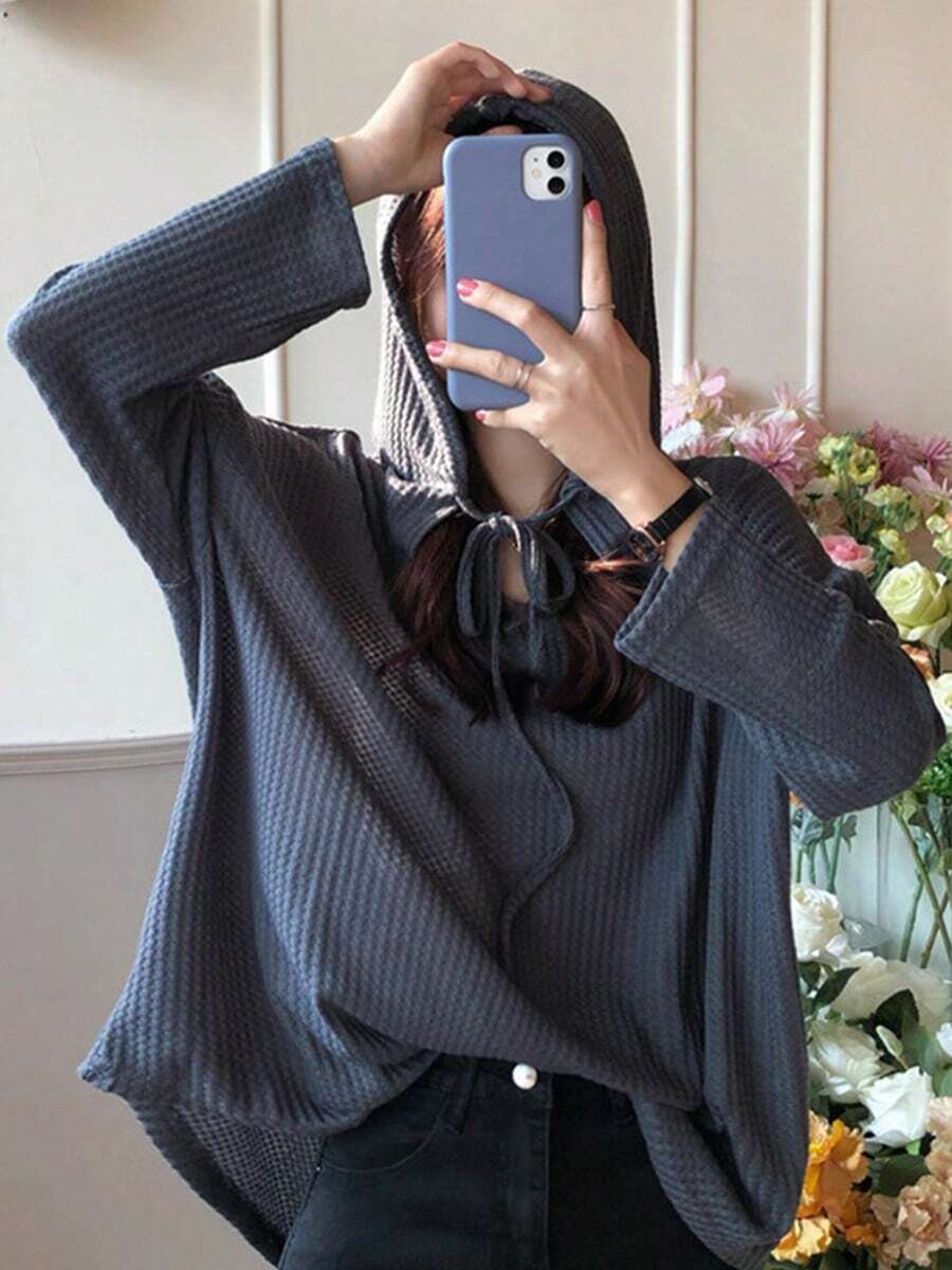 Las mujeres sueltas viento perezoso sección delgada Sudadera con capucha, suéter de manga larga de las mujeres - Gris Oscuro - Ver 1
