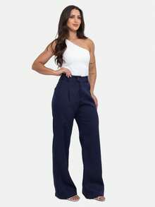 Simple Elegant Casual Polyester Zipper Pocket Button Daily Pants - Navy Blue - View 2