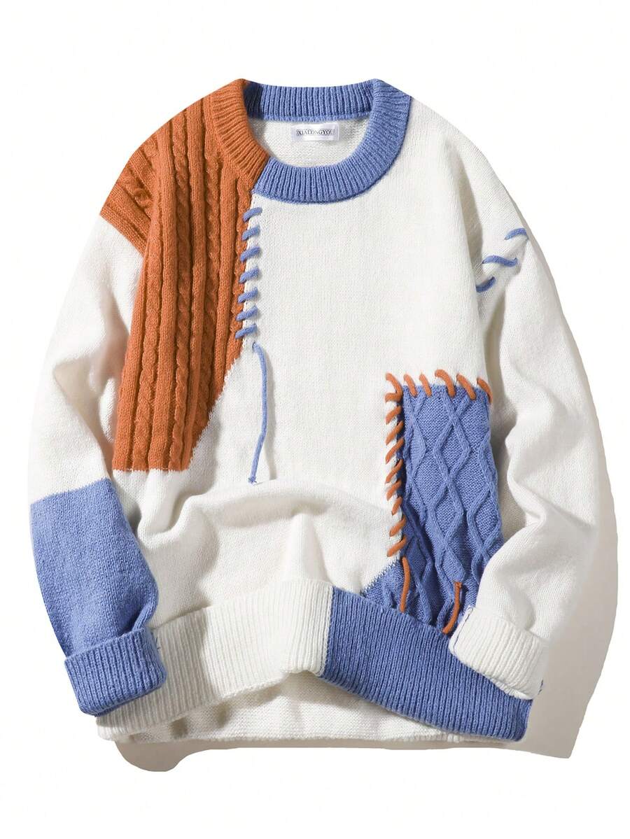 男士撞色套头针织毛衣，冬季长袖上衣