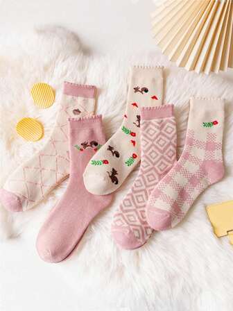 Girls & Teens Pink Princess Style Thick Thermal Lined Warm Squirrel Print Mid-Calf Socks, Winter