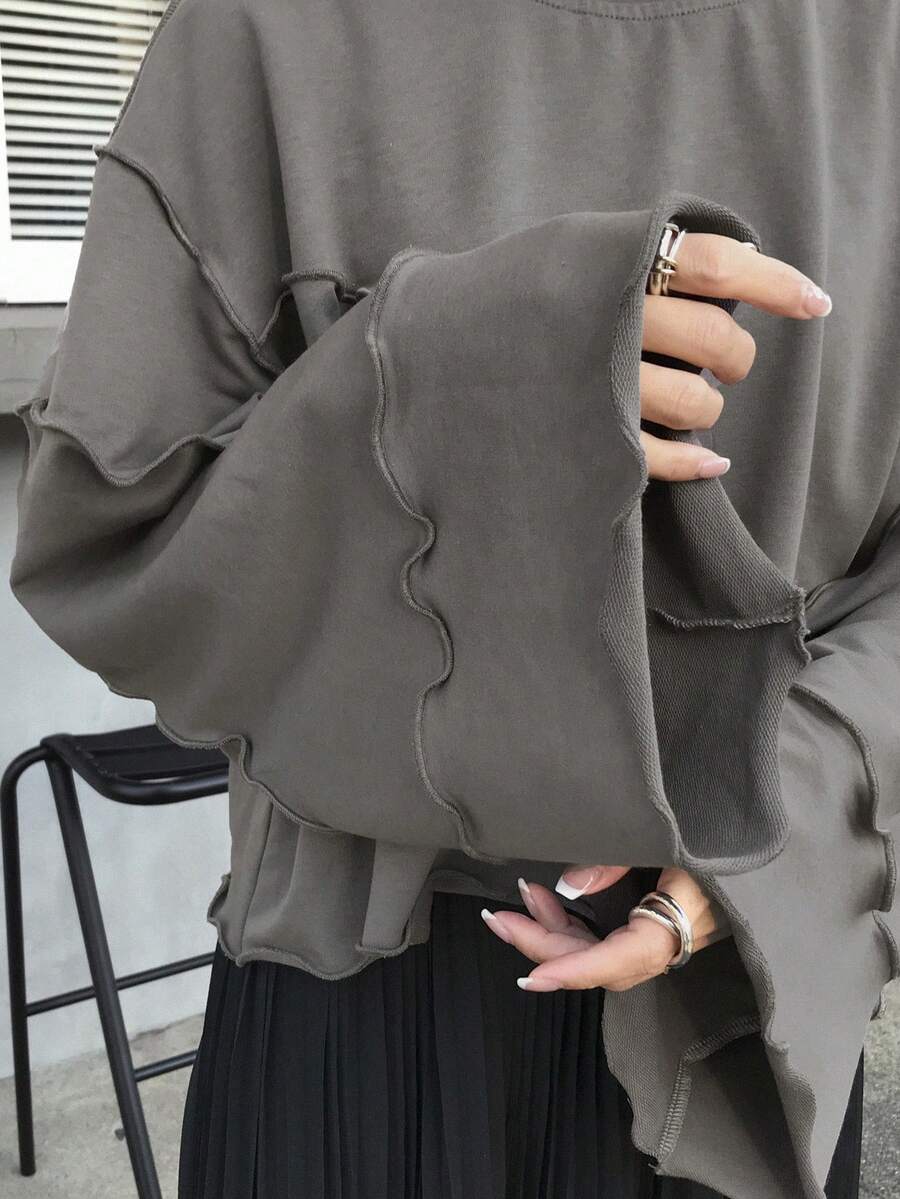 FRIFUL Women's Loose Crop Sweatshirt With Ruffle Hem, Grey, Spring - Grey - View 1