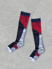 1 par de calcetines de compresión de bloques de color para exteriores, calcetines de esquí, calcetines de compresión elásticos largos, mangas de compresión para tobillos transpirables y protectoras, adecuados para correr, senderismo, ciclismo, baloncesto, tenis y otros deportes