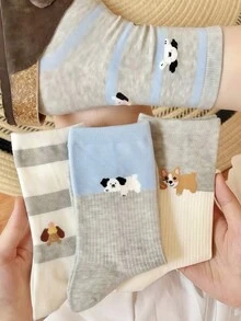 1/4 Pair Cute Striped Puppy Design Comfortable Mid-Calf Socks, Versatile For Autumn/Winter