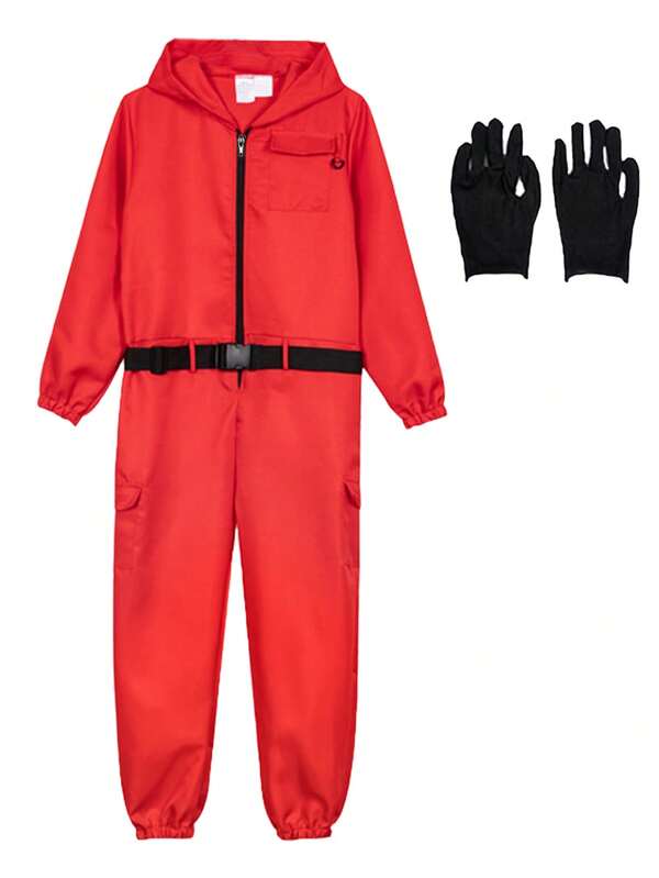 3pcs/Set Korean Movie/Game Cosplay Costume, Adult Halloween Stage Performance Outfit Including Hooded Jumpsuit, Gloves, Belt