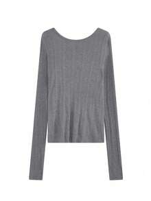 女士时尚休闲斜肩开衩长袖针织上衣 - 灰色 - 查看 6