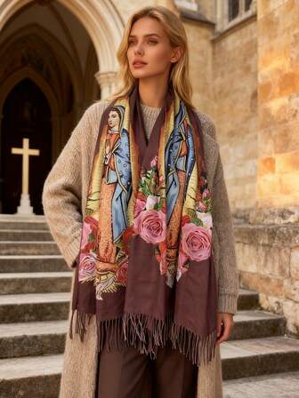 1pc Classic Virgin Mary Jacquard Scarf, Fashionable Versatile Tassel Long Shawl, Soft & Comfortable Gift Scarf
