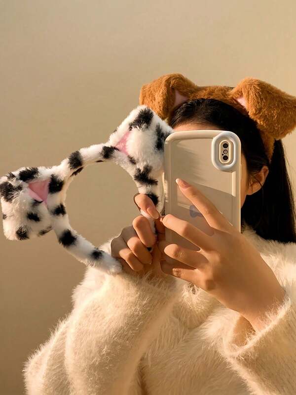 1pc The Headband Is A Cute Hair Accessory Featuring Plush Little Dog Ears, Suitable For Women. It's Great For Washing Your Face Or Applying A Face Mask, And Its Spotted Design Makes It A Fun Gift Option.