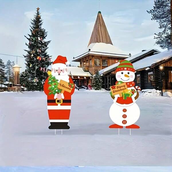 2 estacas gigantes de Papai Noel e boneco de neve para gramado - Placas de Natal para jardim e varanda, plástico durável, sem necessidade de energia, perfeitas para decoração de festas