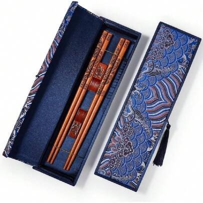 Chopstick Reusable, Wooden Dragon Chopsticks With Holder And Carrying Bags, Chinese Traditional Chop Sticks Gift Set 9 1/4 Inches Dark Blue,21971597