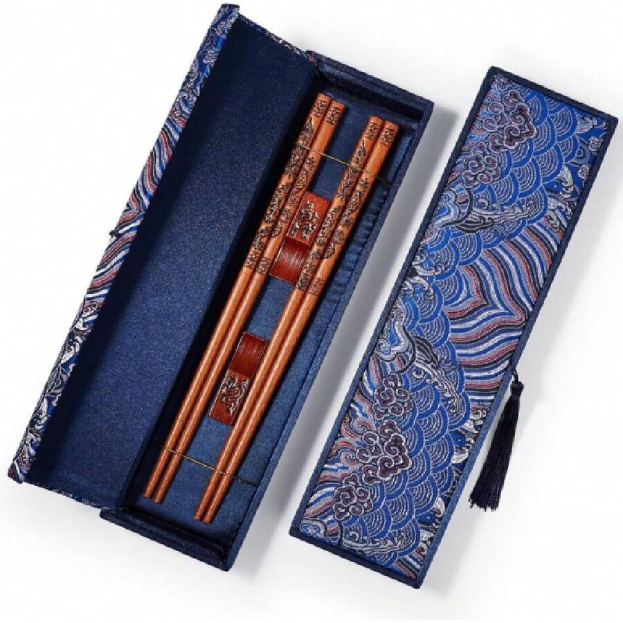 Chopstick Reusable, Wooden Dragon Chopsticks With Holder And Carrying Bags, Chinese Traditional Chop Sticks Gift Set 9 1/4 Inches Dark Blue,21971597