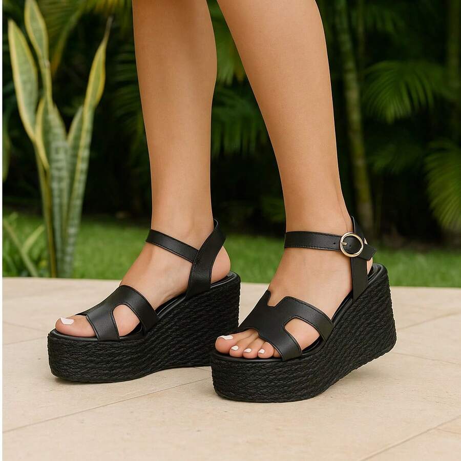 PLATAFORMAS DE CUÑA PARA MUJER FORRADAS EN YUTE NEGRO  Vintage    Abertura    Playa - Negro - Ver 1