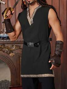 Runcati Men's Medieval Pirate Sleeveless Tunic Renaissance Knight/Viking Style Halloween LARP Costume Shirt - màu đen - Xem 3