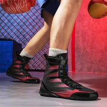 Sapatos de luta livre masculinos, sapatos de boxe de cano alto, sapatos de treino, botas de kickboxing, sapatos para artes marciais e fitness, sapatos esportivos profissionais masculinos de alta qualidade, confortáveis, antiderrapantes, duráveis, respiráveis, com suporte para o tornozelo e solado texturizado. - Preto - Ver 8