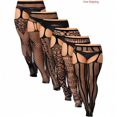 6 Pairs Women Plus Size Fishnet Suspender Pantyhose Thigh High Stocking Garter Belt Lingerie Tights For Women L-XXXL