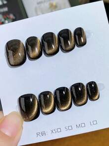 10 miếng dán móng tay hình oval ngắn thủ công, kiểu vàng Y2K, màu trơn tối giản hình mắt mèo với nhũ mịn, thích hợp cho phụ nữ và bé gái sử dụng vào mùa thu/đông, các bữa tiệc Giáng sinh và sử dụng hàng ngày. - Vàng - Xem 10