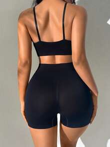 Women's Black Ribbed Sports Bra And Shorts Set