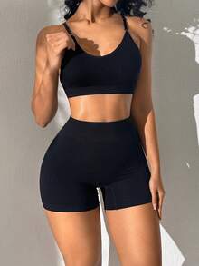Women's Black Ribbed Sports Bra And Shorts Set