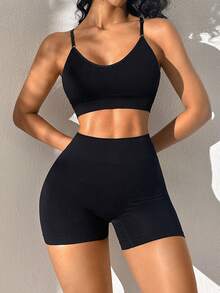 Women's Black Ribbed Sports Bra And Shorts Set