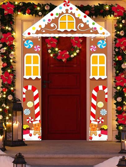 3 件圣诞姜饼屋悬挂横幅 - 涤纶制成，姜饼人、姜饼屋、拐杖糖设计，多用途节日横幅，用于节日派对用品、照片背景、氛围装饰、圣诞节、节日聚会背景、场景装饰门帘