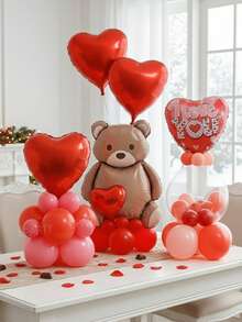 44pcs/Set Valentine's Day Party Decoration Balloon Set, Includes Giant Brown Bear Balloon, 18-Inch And 10-Inch Red Heart-Shaped Balloons, 18-Inch Red Printed "I Love You" Slogan Heart-Shaped Balloons, 18-Inch Clear Bobo Balloons, 10-Inch Red/Magenta/Macaron Pink Latex Balloons - Multicolor - View 4