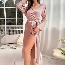 1 chiếc áo choàng ngủ nữ màu trơn thanh lịch thắt eo, đồ ngủ ngắn gợi cảm bằng lụa satin mềm mại, phù hợp cho cô dâu, phù dâu, mặc nhà. Váy ngắn mùa cưới, họa tiết chữ cái, kimono và áo ngủ. - Bụi hồng - Xem 4