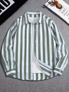 Teenage Boys' Casual Striped Long Sleeve Collared Shirt, Fashion Versatile Commuter Minimalist Korean Style - Green - View 2