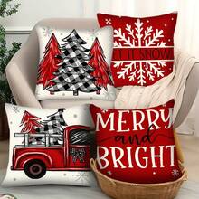 4 buc. fețe de pernă roșii de Crăciun, decor de Crăciun tip casă de la țară, fețe de pernă decorative cu model de camion de Crăciun, potrivite pentru canapea, sufragerie, exterior, inserția de pernă nu este inclusă