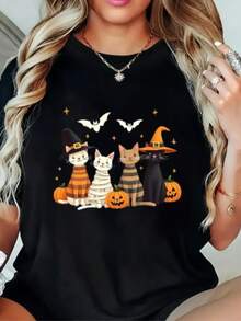 Women's Printed Shirt Party Costume Cats Pumpkins Bats Halloween Terror Short Sleeve Round Neck T-Shirt Spring Summer - 黑色 - 查看 1