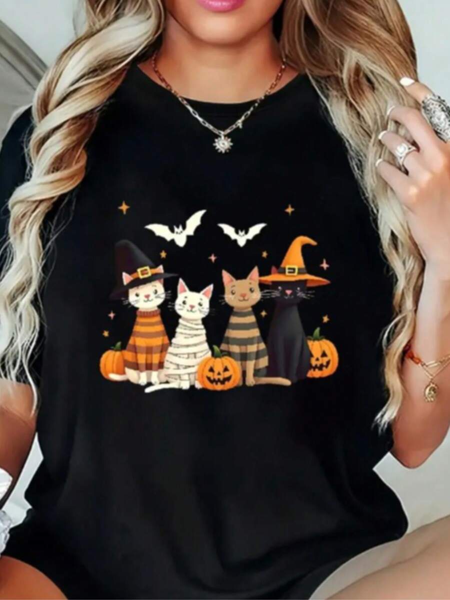 Women's Printed Shirt Party Costume Cats Pumpkins Bats Halloween Terror Short Sleeve Round Neck T-Shirt Spring Summer - 黑色 - 查看 1