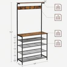 Garderobenständer, Kleiderständer, Schuhregal, Garderobe mit 5 Doppelhaken, 5 Ebenen, eine Ablage Oben, für Wohnungen, Schlafzimmer, Flur, Industrie-Design - Vintagebraun-Schwarz - Übersicht 3