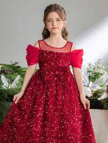ALISA&LEO Enchanting Round Neck Spaghetti Strap Girls' Sequin Dress With Sheer Short Puffed Sleeves And Oversized Bow Detail For Wedding Ceremonies, Formal Galas, Evening Receptions, Award Ceremonies, And Holiday Celebrations