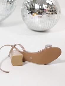 1 Pair Teenage Girls' Rhinestone Embellished Peep Toe Ankle Strap Heeled Sandals, PU Leather Comfortable Non-Slip Durable, Suitable For Party, Campus, Date, 2025 New - Dusty Pink - View 9